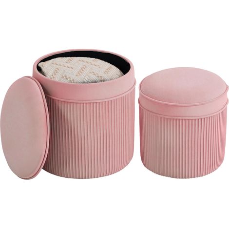Ensemble de 2 poufs ronds empilables rembourrés en velours, rangement 34,8 L, rose idéal pour salon, chambre à coucher ou bureau facile à assembler avec instructions incluses (1/4)