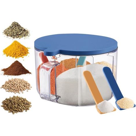 Scatola per spezie migliorata con cucchiaio – Contenitore trasparente per spezie con coperchio e manico – Barattoli per sale, zucchero e pepe (blu, 4 scomparti) (1/5)