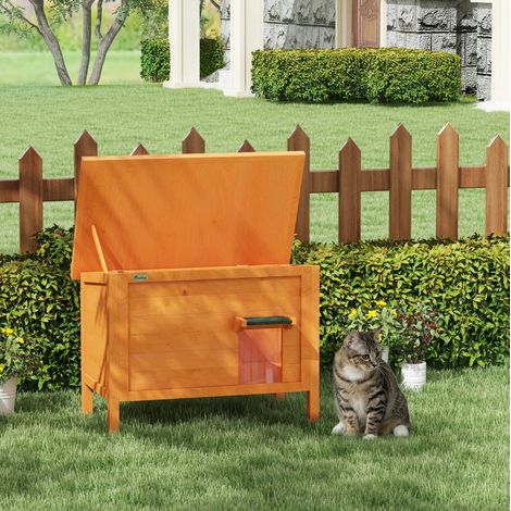 Caseta para gatos exterior (85x50x68.5 cm), aislada, con techo abatible, madera, naranja (1/5)