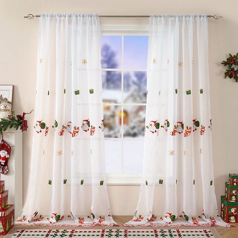 Rideau De Fenêtre De Noël - Rideau Transparent À Broderie Rouge Arbre De Noël Et Père Noël - 214 X 130 Cm - Blanc - Lot De 2 Panneaux (1/5)