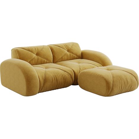 Sofá modular de 2 plazas con puf de chenilla amarilla, espuma de alta densidad 32D (1/5)