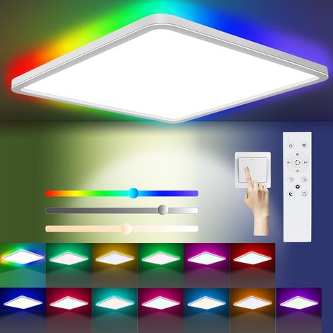 Plafonnier LED Dimmable Télécommande, 24W 13RGB 3200LM Luminaire Plafonniers, 3000K-6500K Lampe LED Plafond IP54 Étanche Carré Éclairage de Plafond Moderne Pour Salle de bain Salon Chambre 30CM [Class