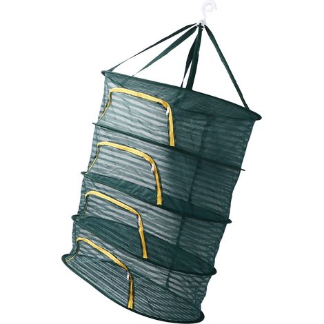 Séchoir à Herbes 4 Niveaux avec Fermeture Éclair en U, Vert Foncé, Pliable, Filet Élastique Fin pour Plantes, Herbes et Graines (1/5)