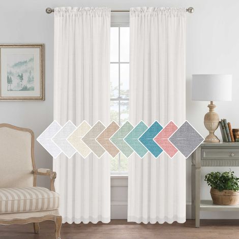 White Curtain - Sheer Window Curtains Light Filtering Half Sheer Eyelet Curtains Drapes Linen Voile Effect Home Decor, W 130 x H 215 cm, White, 2 Pieces