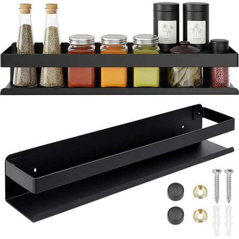 Étagère murale noire de 50 cm - En acier inoxydable - Pour salle de bain et cuisine - Étagère à épices, étagère sous miroir - Étagère moderne en métal pour cosmétiques, verres, serviettes