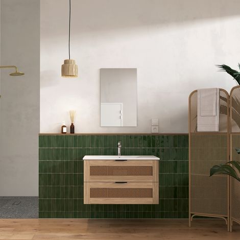 Mobile da Bagno APOLLINE 80cm Finitura Legno e Cannage - 2 Cassetti, Lavabo e Specchio