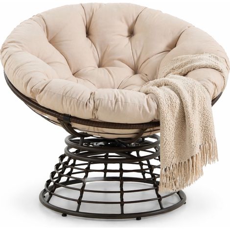 Poltrona Papasan Girevole Ergonomica a 360 Gradi con Cuscino Imbottito per Soggiorno Camera, Acciaio Marrone e Beige (1/5)
