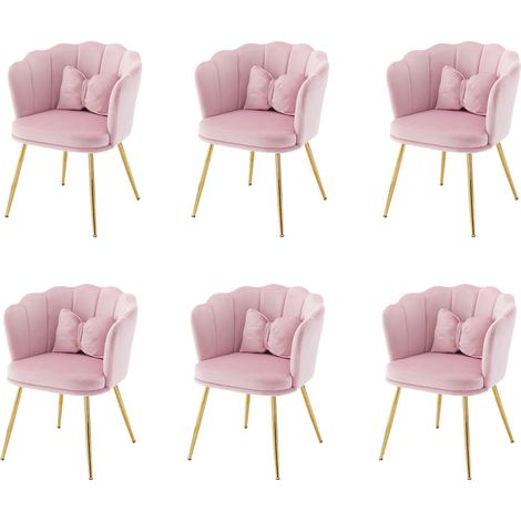 Sedie da pranzo, set da 6, velluto rosa, schienale a fiore, gambe oro, con cuscini (1/5)