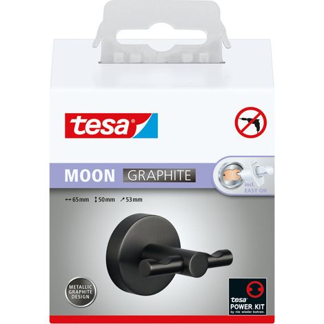 tesa® MOON Bademantelhaken in gebürstetem Grafit - selbstklebender Wandhaken aus PVD-beschichtetem Metall - ohne Bohren, inkl. Klebelösung - 50 mm x 65 mm x 53 mm (1/5)