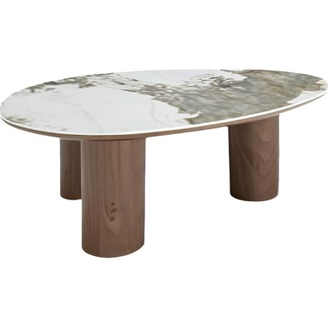 Tavolino basso PTERAX 110 cm in ceramica effetto marmo bianco e gambe aspetto legno – Forma organica (1/5)