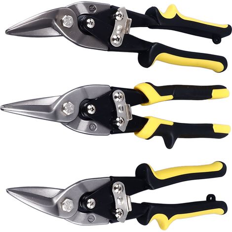 Cisailles à tôle 3 pièces 25 cm acier coupe droite et courbe outil de découpe fil et câble (1/5)
