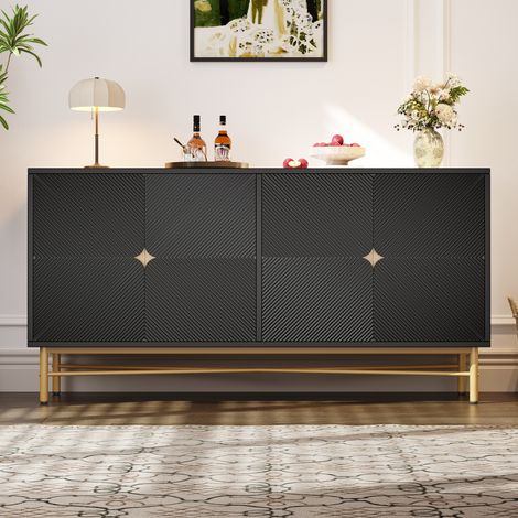 Buffet 160 cm avec 4 portes et étagères, meuble de rangement pour salon et cuisine, poignées dorées brossées, pieds métalliques brillants, style moderne - Noir