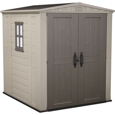 Factor 6x6 - Caseta de jardín 178x208x182 cm 2 puertas para almacenamiento de herramientas acabado efecto madera en resina beige