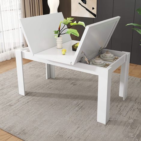 Table à manger 120x70 cm avec rangement intégré, plateau relevable, table rectangulaire multifonction, blanc