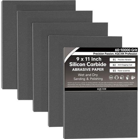 Lot de 12 feuilles de papier abrasif grain 2000 - 22,9 x 27,9 cm - Dos flexible importé - Abrasif en carbure de silicium noir - Pour le travail du bois, l'automobile (1/5)