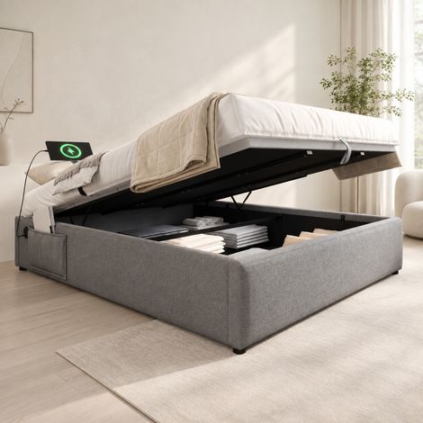 Lit adulte 160x200 cm en bois brun, avec lampes de lecture, tables de chevet USB-C et banc coffre de rangement FLORAGRACE
