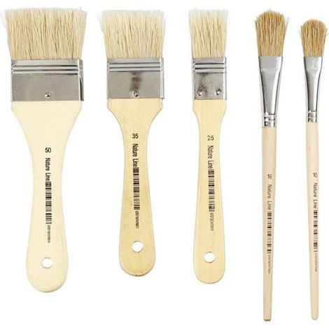 Assortiment d'excellents pinceaux plats pour vernis à poils de porc et manche court en bois. Set de 5 tailles, 2 pièces de chaque.