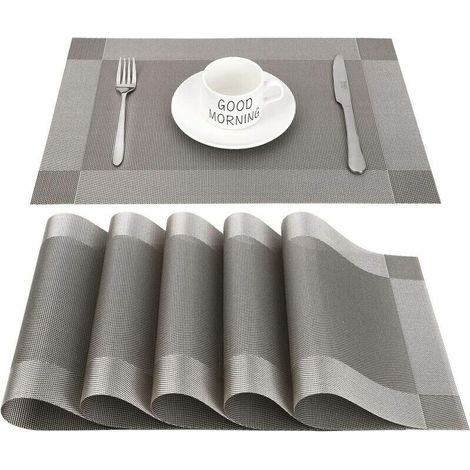 VURAHOME - Set de table rectangulaire en PVC antidérapant et résistant à la chaleur, adapté pour la salle à manger, la cuisine ou la table à manger, 45 x 30 cm, ensemble de 6 pièces, gris (1/5)
