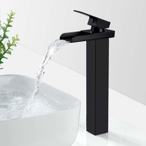 [JAMAIS UTILISÉ] Robinet Salle Bain Cascade Noir Mat, Mitigeur Lavabo Cascade Haut, Robinet Lavabo avec bec Hauteur,Robinetterie Vasque à Poser Carré en Laiton,G 3/8 (1/4)