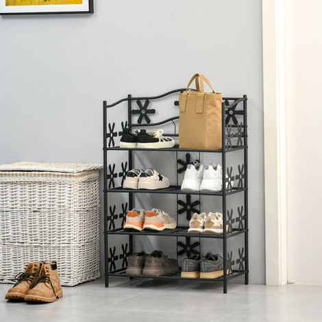 Scaffale per Piante in Metallo con 4 Ripiani ad Altezze Diverse, Decorazioni Floreali, per Interni, Nero (1/5)