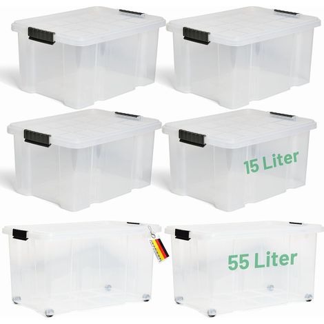 Novaliv Coffret de rangement rentable 6 pièces avec couvercle, transparent, 2x55 L + 4x15 L, emboîtables, empilables, fermeture à clip, boîtes à