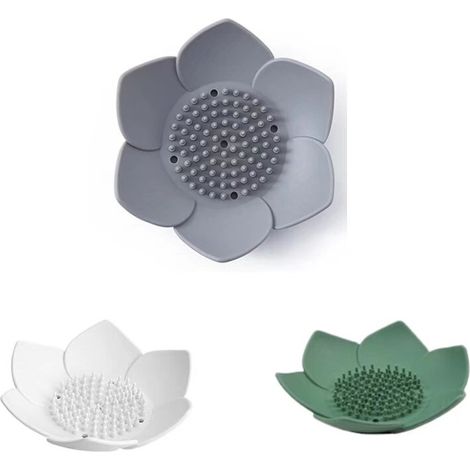 Lot de 3 Porte-Savon en Silicone,Boîte à Savon avec Égouttoir, Porte-Savon en Silicone en Forme De Fleur pour Baignoire Cuisine Comptoir De Douche(Vert+Blanc+Gris) (1/5)