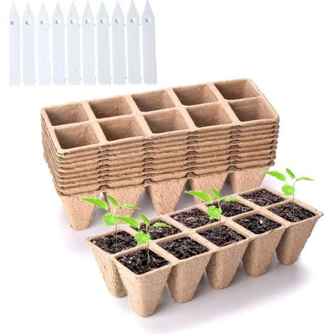 Juego de 10 macetas de turba, 100 celdas biodegradables para plántulas de interior y exterior, incluye 10 etiquetas de plástico para plantas. (1/5)