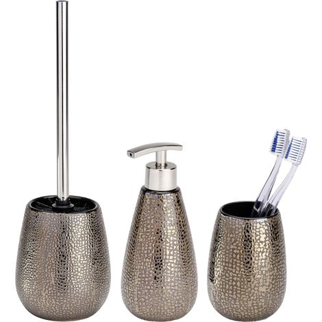 WENKO Set Accessori Bagno Marrakesh, Porta Spazzolino, Dispenser per Sapone Liquido, Spazzola WC, Ceramica Lucida, Marrone (1/2)
