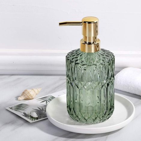 Distributeur de savon liquide rechargeable en verre pour détergent vaisselle, shampoing, plan de travail de salle de bain, cuisine, buanderie (vert) (1/5)