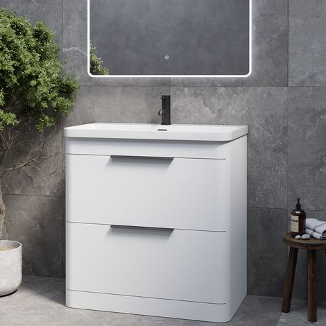 Oslo Gloss White 800mm 2 Drawer Vanity Unit with Fina Basin - 800mm - Matt Black 300mm Finger Pull