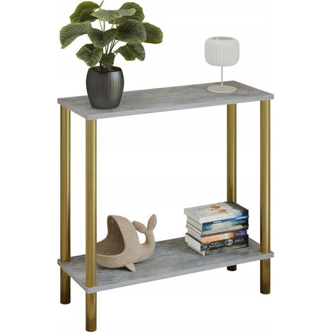 Consola moderna con estante de 80x30x80 cm, metal dorado, para el recibidor. (1/5)