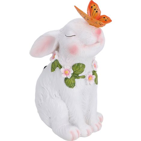 Ortviai Statue de lapin solaire blanche en résine avec capteur automatique – décoration extérieure pour jardin et cour