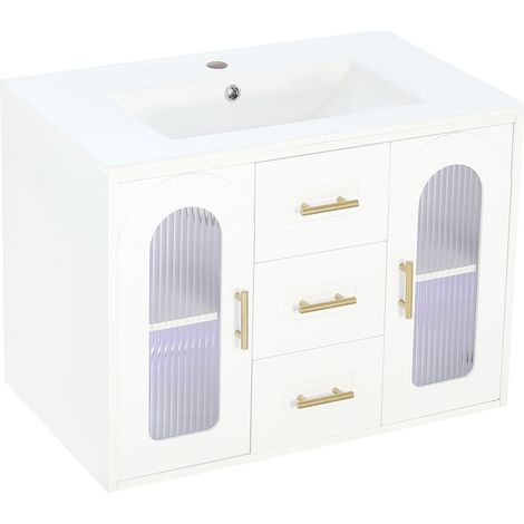 Mobile bagno sospeso 76 cm con lavabo in ceramica LED e ante in vetro rigato (1/5)