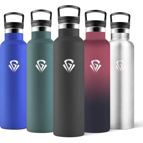 Gourde Isotherme, 0,75L Sans BPA, 2 Bouchons Dont 1 Avec Paille, 304 Acier Inoxydable, Convient pour le chaud et le froid, pour Bureau, Usage Quotidien, Camping - Noir (1/5)