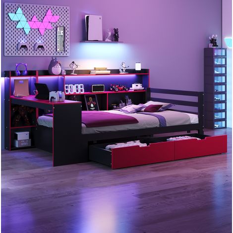 REDOM - Divano letto 245,5x114,5x100 cm, con scrivania, contenitore, LED e prese USB, legno nero e rosso (1/5)