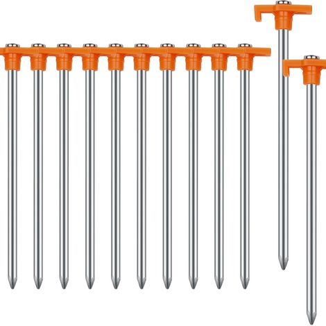 Sollbry Lot de 20 Piquets de Tente avec Sac de Rangement - Piquets de Sol Robustes en Métal Antirouille de 18 cm pour Camping, Jardin, Randonnée Orange (1/5)