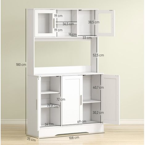 Buffet de cuisine scandinave blanc avec 4 armoires, étagères réglables et portes vitrées en MDF et panneaux de particules (1/5)