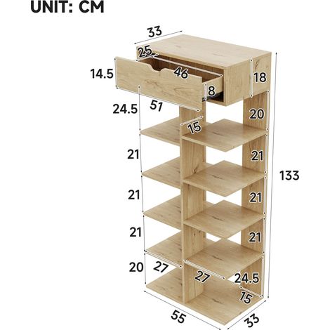 Scarpiera moderna multifunzionale, scarpiera aperta con 1 cassetto e 10 scomparti, scarpiera da ingresso, colore legno, 55×33×133 cm (1/5)