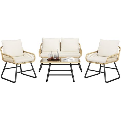 Yaheetech Ensemble Salon de Jardin 4 Pièces Tressé Set de 1 Canapé avec 2 Places 2 Fauteuils et Table d'Appoint en Verre Trempé Style Bohème pour Terrasse Balcon ou Patio Marron/Crème (1/5)