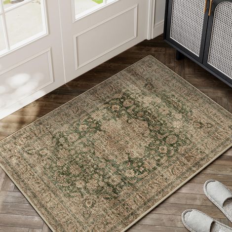 Vert Vintage Tapis Entree 60x90cm Rug Lavable en Machine Petit Rugs,Antidérapant Chambre Enfant Carpets,Descente de Lit,Cuisine,Interieur Doux Poil Ras,Salle de Jeux Carpet (1/5)