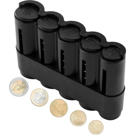 Range Monnaie - 5 Compartiments - Plastique Noir - Pour Pièces Euro - Caisse Enregistreur Portable - 13x8,3x3,4cm (1/5)