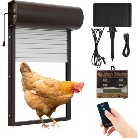 Clapet de poulailler solaire automatique - Porte de poulailler électrique avec minuteur - Panneau solaire - Télécommande - Manuel - Protection intelligente contre le pincement - Marron