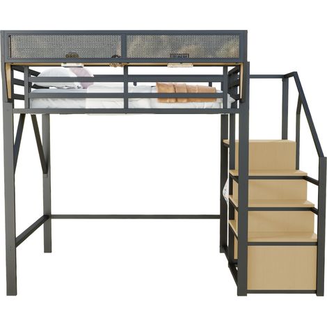 Cama alta Cama Doble con Escalera de seguridad y Estante modulable 140×200 cm, sin colchón, Negro (1/5)
