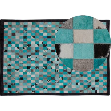 Alfombra de piel turquesa y gris patrón a cuadros 160 x 230 cm estilo moderno ecléctico Nikfer (1/5)