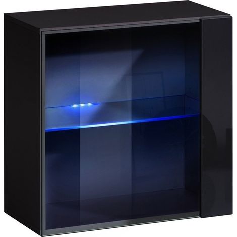 Schwarzer quadratischer Hängeschrank mit 1 Glastür und inklusiver LED-Beleuchtung. Kollektion SWITCH.