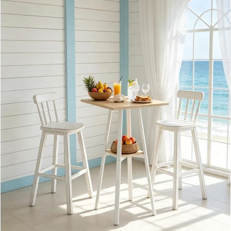 Table haute 55x55x95 cm en bois naturel et métal blanc, avec rangement pour cuisine FloraGrace (1/5)