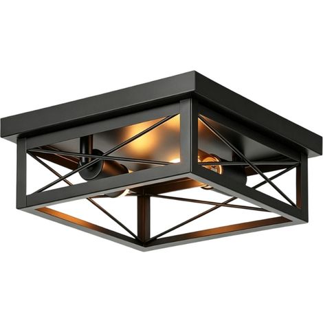 Plafonnier Encastré Rétro en Métal Noir – Double Douille E27, Structure en Fer en X, Cage Ouverte, Installation Facile – Idéal Cuisine, Salle à Manger, Salon, Entrée (1/5)