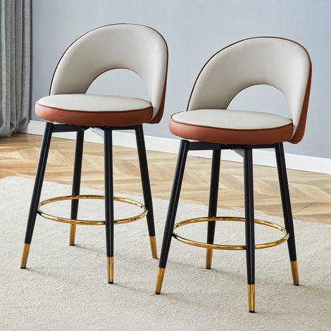 Lot de 2 tabourets de bar pivotants 360° en similicuir PU gris clair et marron, assises rembourrées confortables pour cuisine, salle à manger, terrasse.