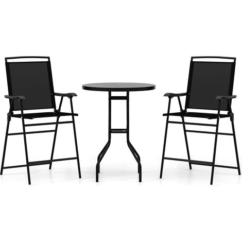 GOPLUS Ensemble Bistrot de Jardin 3 Pièces, Table de Bar avec 2 Chaises Pliantes, Trou pour Parasol, Cadre en Métal, Ensemble Salon de Jardin Extérieur pour Patio Cour, Balcon, Porche, Noir (1/5)