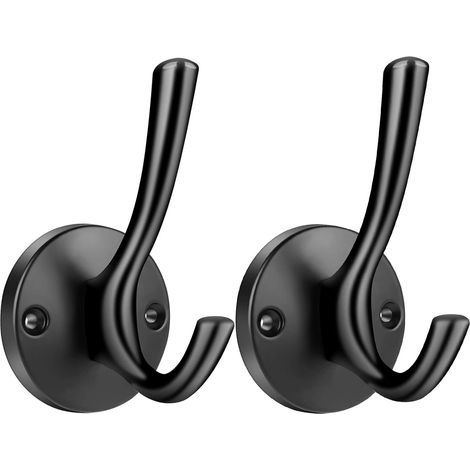 Lot de 2 patères robustes doubles pour vêtements, serviettes, peignoirs, crochets muraux pour salle de bain, cuisine, placard, porte de garage, htel, fixation murale (noir) (1/5)